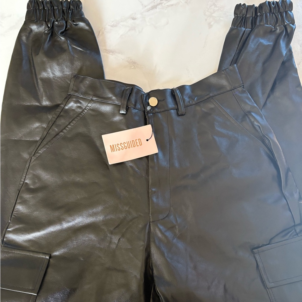 Missguided Black Leather Cargo Pants